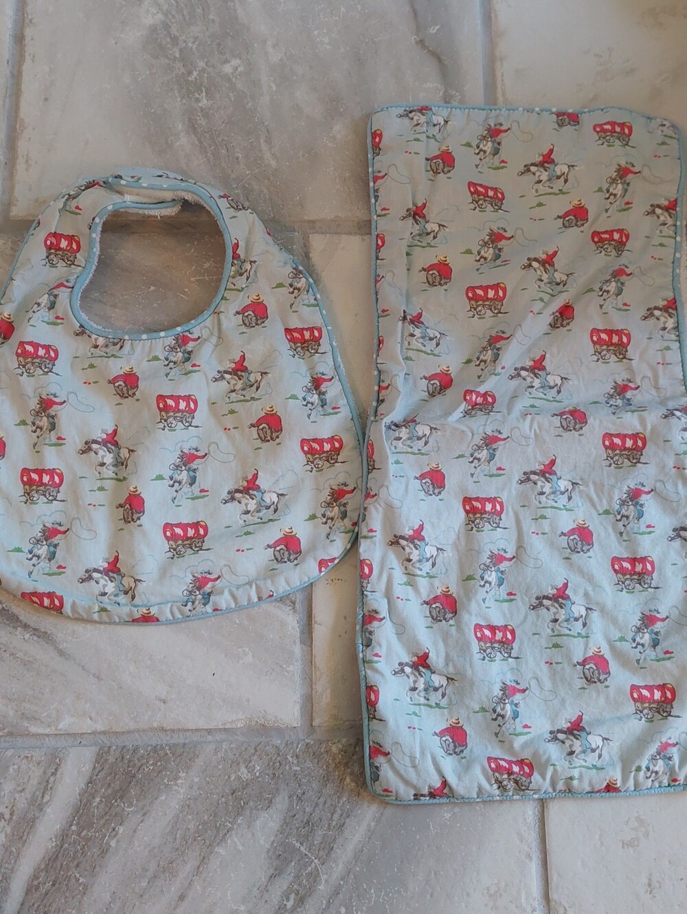 Unbranded Kids Blue Cowboy Print Bib and Burp Cloth Set
